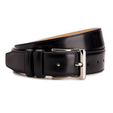 Meermin black boxcalf belt, coiled front view showing nickel-plated buckle, double keeper loops, and stitched edges