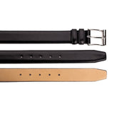 Meermin black boxcalf belt, buckle end and strap length shown with adjustment holes, plus reverse tan leather lining view