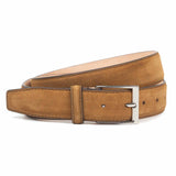 Meermin gold suede belt coiled to show buckle and strap, nickel-plated solid brass buckle with single guard