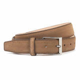 Meermin Maracca suede belt coiled, showing nickel-plated buckle with single guard and stitched edges