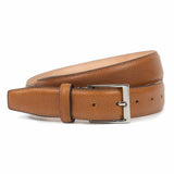Meermin tan Karagrain grained calf belt, coiled to show buckle and strap texture, nickel-plated solid brass buckle detail