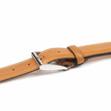 Meermin tan Karangrain calfskin belt, close-up on nickel-plated solid brass buckle and keeper loop