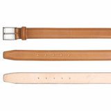 Meermin tan karagrain calf belt, three-view comparison showing buckle end, grained top strap with adjustment holes, and natural leather underside