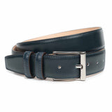 Meermin navy Naturcalf boxcalf belt, coiled to show buckle and double keeper loops, nickel-plated solid brass buckle