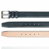 Meermin navy Naturcalf belt, three-part view showing buckle, punched holes, and natural leather underside lining