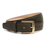 Meermin caper green shell cordovan belt, coiled front view showing solid brass buckle and stitched keeper loop