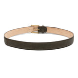 Meermin caper green shell cordovan belt coiled flat, showing solid brass buckle and natural calfskin lining