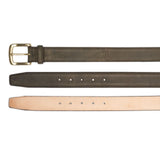 Meermin caper green shell cordovan belt, three views showing buckle, hole punches, and natural leather lining