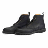 Meermin black waxy commander plain-toe Service boots, three-quarter front view showing lace hooks and cleated rubber sole