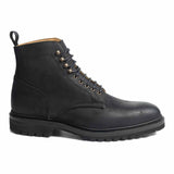 Meermin black waxy commander Service boot, side profile showing lace-up front, storm welt, and cleated rubber sole